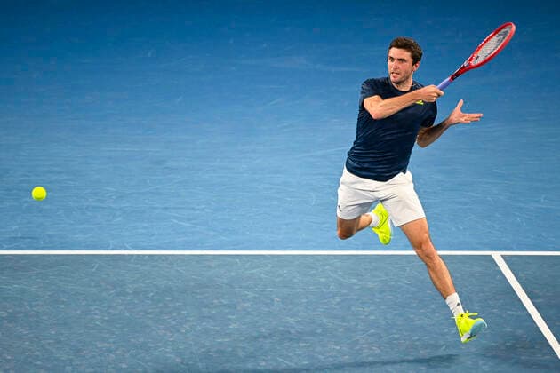 TENNIS AUSTRALIAN OPEN, Gilles Simon of France in action during his first Round Men s singles match against Stefanos Tsitsipas of Greece on Day 2 of the Australian Open at Melbourne Park in Melbourne, Tuesday, February 9, 2021. ( NO ARCHIVING, EDITORIAL USE ONLY, NO USE IN BOOKS WITHOUT CONSENT MELBOURNE VIC AUSTRALIA  Copyright: xDEANxLEWINSx 20210209001519373153