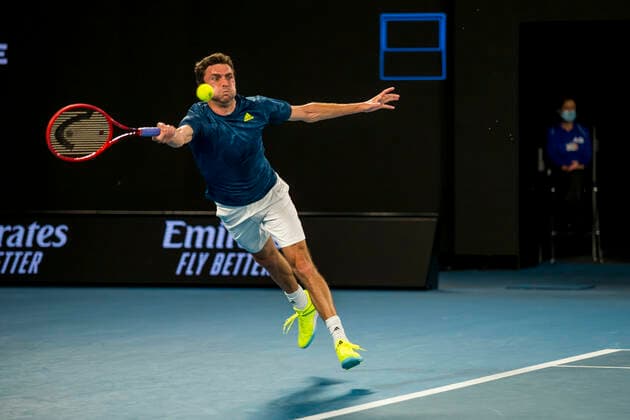MELBOURNE, VIC - FEBRUARY 09: Gilles Simon of France returns the ball during round 1 of the 2021 Australian Open on February 9 2020, at Melbourne Park in Melbourne, Australia. (Photo by Jason Heidrich Icon Sportswire) TENNIS: FEB 09 Australian Open Icon2102092312