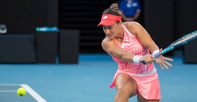 (210209) -- MELBOURNE, Feb. 9, 2021 -- Danka Kovinic of Montenegro returns a shot during the women s singles first round match between Ashleigh Barty of Australia and Danka Kovinic of Montenegro at the Australian Open in Melbourne Park, Melbourne, Australia on Feb. 9, 2021. (Photo by Hu Jingchen Xinhua) (SP)AUSTRALIA-MELBOURNE-TENNIS-AUSTRALIAN OPEN-DAY 2 BaixXuefeihujingchen 