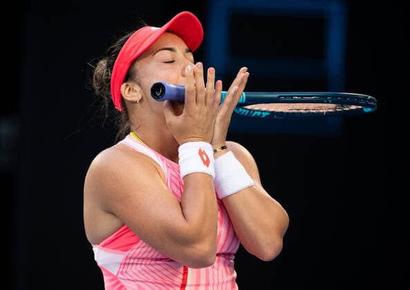 (210209) -- MELBOURNE, Feb. 9, 2021 -- Danka Kovinic of Montenegro reacts during the women s singles first round match between Ashleigh Barty of Australia and Danka Kovinic of Montenegro at the Australian Open in Melbourne Park, Melbourne, Australia on Feb. 9, 2021. (Photo by Hu Jingchen Xinhua) (SP)AUSTRALIA-MELBOURNE-TENNIS-AUSTRALIAN OPEN-DAY 2 BaixXuefeihujingchen 