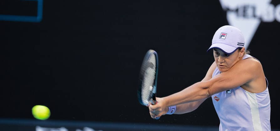 (210209) -- MELBOURNE, Feb. 9, 2021 -- Ashleigh Barty of Australia returns a shot during the women s singles first round match between Ashleigh Barty of Australia and Danka Kovinic of Montenegro at the Australian Open in Melbourne Park, Melbourne, Australia on Feb. 9, 2021. (Photo by Hu Jingchen Xinhua) (SP)AUSTRALIA-MELBOURNE-TENNIS-AUSTRALIAN OPEN-DAY 2 BaixXuefeihujingchen 