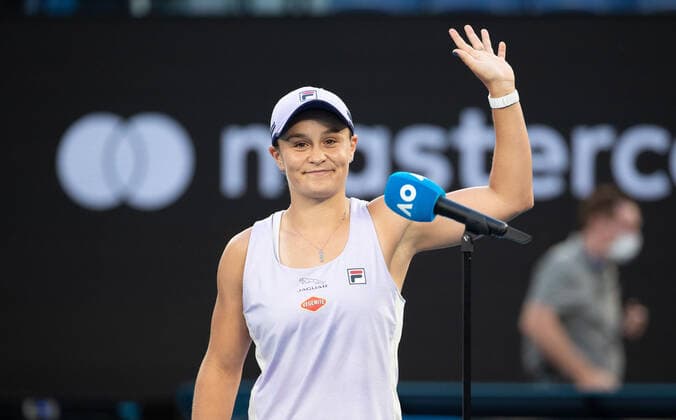 (210209) -- MELBOURNE, Feb. 9, 2021 -- Ashleigh Barty of Australia celebrates after the women s singles first round match between Ashleigh Barty of Australia and Danka Kovinic of Montenegro at the Australian Open in Melbourne Park, Melbourne, Australia on Feb. 9, 2021. (Photo by Hu Jingchen Xinhua) (SP)AUSTRALIA-MELBOURNE-TENNIS-AUSTRALIAN OPEN-DAY 2 BaixXuefeihujingchen 