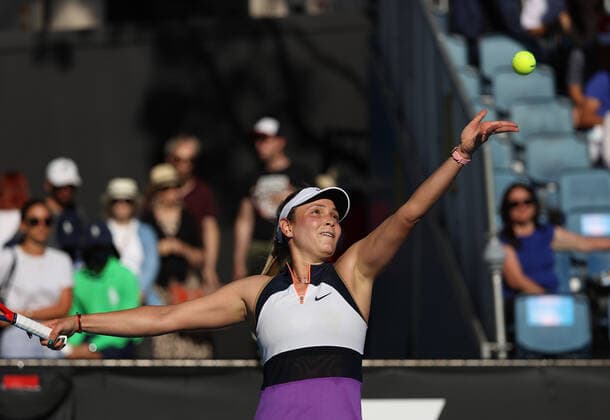 (210209) -- MELBOURNE, Feb. 9, 2021 -- Donna Vekic of Croatia serves during the women s singles first round match between Donna Vekic of Croatia and Wang Yafan of China at the Australian Open in Melbourne Park, Melbourne, Australia on Feb. 9, 2021. Bai Xuefei) (SP)AUSTRALIA-MELBOURNE-TENNIS-AUSTRALIAN OPEN-DAY 2 BaixXuefeihujingchen 