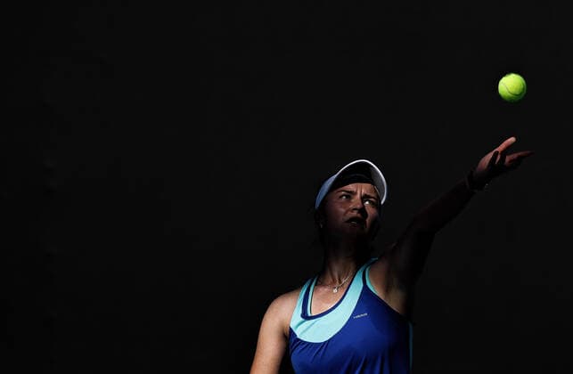(210209) -- MELBOURNE, Feb. 9, 2021 -- Barbora Krejcikova of Czech Republic serves during the women s singles first round match between Barbora Krejcikova of Czech Republic and Zheng Saisai of China at the Australian Open in Melbourne Park, Melbourne, Australia on Feb. 9, 2021. Bai Xuefei) (SP)AUSTRALIA-MELBOURNE-TENNIS-AUSTRALIAN OPEN-DAY 2 BaixXuefeihujingchen 