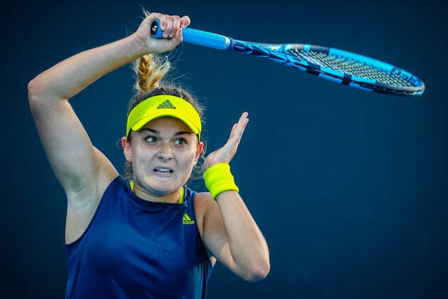 Clara Burel WTA, Tennis Damen 237) pictured in action during a tennis match between Belgian Van Uytvanck and French Burel, in the first round of the women s singles competition of the Australian Open tennis Grand Slam, Tuesday 09 February 2021 in Melbourne Park, Melbourne, Australia. The 2021 edition of the Australian Grand Slam has been delayed by three weeks because of the pandemic. PATRICKxHAMILTON  x2640660x
