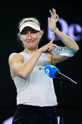 TENNIS AUSTRALIAN OPEN, Daria Gavrilova of Australia gestures during a post match interview after winning her first Round Women s singles match against Sara Sorribes Tormo of Spain on Day 2 of the Australian Open at Melbourne Park in Melbourne, Tuesday, February 9, 2021. ( NO ARCHIVING, EDITORIAL USE ONLY, NO USE IN BOOKS WITHOUT CONSENT MELBOURNE VIC AUSTRALIA  Copyright: xDAVExHUNTx 20210209001519382940