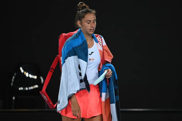 TENNIS AUSTRALIAN OPEN, Sara Sorribes Tormo of Spain reacts after loosing her first Round Women s singles match against Daria Gavrilova of Australia on Day 2 of the Australian Open at Melbourne Park in Melbourne, Tuesday, February 9, 2021. ( NO ARCHIVING, EDITORIAL USE ONLY, NO USE IN BOOKS WITHOUT CONSENT MELBOURNE VIC AUSTRALIA  Copyright: xDEANxLEWINSx 20210209001519384113