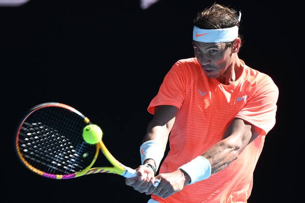 TENNIS AUSTRALIAN OPEN, Rafael Nadal of Spain in action during his first Round Men s singles match against Laslo Djere of Serbia on Day 2 of the Australian Open at Melbourne Park in Melbourne, Tuesday, February 9, 2021. ( NO ARCHIVING, EDITORIAL USE ONLY, NO USE IN BOOKS WITHOUT CONSENT MELBOURNE VIC AUSTRALIA  Copyright: xDEANxLEWINSx 20210210001519408384