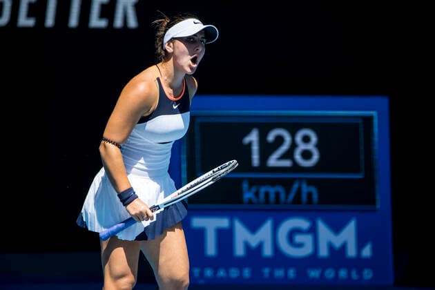 MELBOURNE, VIC - FEBRUARY 10: Bianca Andreescu of Canada celebrates after winning a game during round 2 of the 2021 Australian Open on February 10 2020, at Melbourne Park in Melbourne, Australia. (Photo by Jason Heidrich Icon Sportswire) TENNIS: FEB 10 Australian Open Icon2102100303