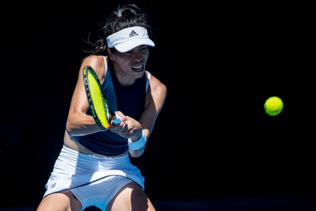 MELBOURNE, VIC - FEBRUARY 10: Su-Wei Hsieh of Taiwan returns the ball during round 2 of the 2021 Australian Open on February 10 2020, at Melbourne Park in Melbourne, Australia. (Photo by Jason Heidrich Icon Sportswire) TENNIS: FEB 10 Australian Open Icon2102100423