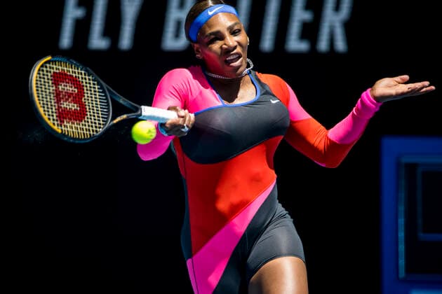 MELBOURNE, VIC - FEBRUARY 10: Serena Williams of the United States of America returns the ball during round 2 of the 2021 Australian Open on February 10 2020, at Melbourne Park in Melbourne, Australia. (Photo by Jason Heidrich Icon Sportswire) TENNIS: FEB 10 Australian Open Icon2102100493