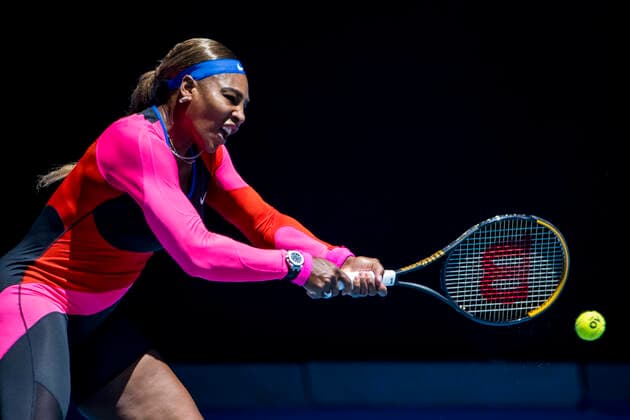 MELBOURNE, VIC - FEBRUARY 10: Serena Williams of the United States of America returns the ball during round 2 of the 2021 Australian Open on February 10 2020, at Melbourne Park in Melbourne, Australia. (Photo by Jason Heidrich Icon Sportswire) TENNIS: FEB 10 Australian Open Icon2102100513