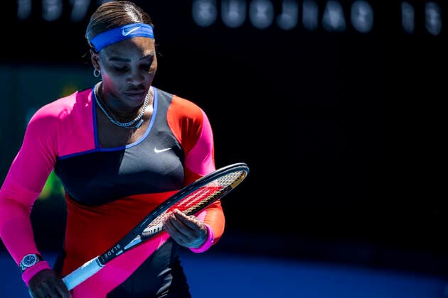 MELBOURNE, VIC - FEBRUARY 10: Serena Williams of the United States of America straightens the strings of her racquet during round 2 of the 2021 Australian Open on February 10 2020, at Melbourne Park in Melbourne, Australia. (Photo by Jason Heidrich Icon Sportswire) TENNIS: FEB 10 Australian Open Icon2102100563