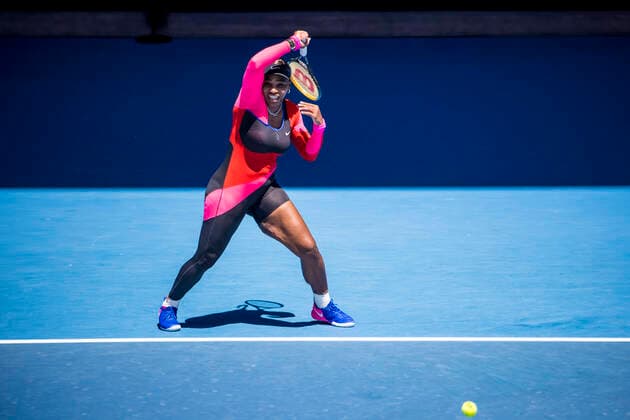 MELBOURNE, VIC - FEBRUARY 10: Serena Williams of the United States of America returns the ball during round 2 of the 2021 Australian Open on February 10 2020, at Melbourne Park in Melbourne, Australia. (Photo by Jason Heidrich Icon Sportswire) TENNIS: FEB 10 Australian Open Icon2102100643
