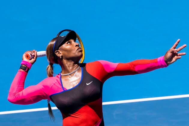 MELBOURNE, VIC - FEBRUARY 10: Serena Williams of the United States of America serves the ball during round 2 of the 2021 Australian Open on February 10 2020, at Melbourne Park in Melbourne, Australia. (Photo by Jason Heidrich Icon Sportswire) TENNIS: FEB 10 Australian Open Icon2102100693