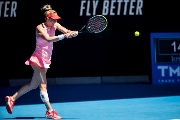 MELBOURNE, VIC - FEBRUARY 10: Nina Stojanovic of Serbia returns the ball during round 2 of the 2021 Australian Open on February 10 2020, at Melbourne Park in Melbourne, Australia. (Photo by Jason Heidrich Icon Sportswire) TENNIS: FEB 10 Australian Open Icon2102100733