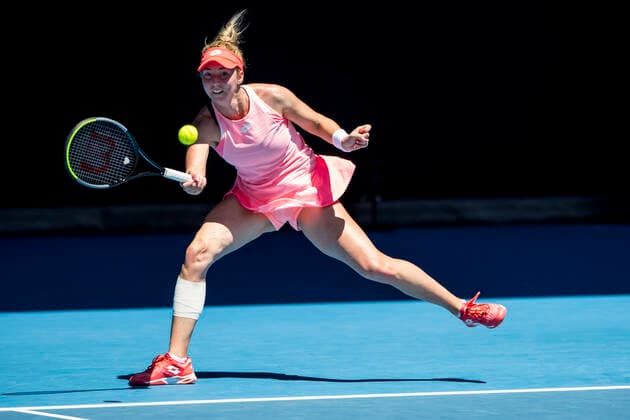 MELBOURNE, VIC - FEBRUARY 10: Nina Stojanovic of Serbia returns the ball during round 2 of the 2021 Australian Open on February 10 2020, at Melbourne Park in Melbourne, Australia. (Photo by Jason Heidrich Icon Sportswire) TENNIS: FEB 10 Australian Open Icon2102100763
