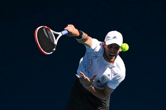 TENNIS AUSTRALIAN OPEN, Dominic Thiem of Austria in action during his second Round Men s singles match against Dominik Koepfer of Germany on Day 3 of the Australian Open at Melbourne Park in Melbourne, Wednesday, February 10, 2021. ( NO ARCHIVING, EDITORIAL USE ONLY, NO USE IN BOOKS WITHOUT CONSENT MELBOURNE VIC AUSTRALIA  Copyright: xDEANxLEWINSx 20210210001519549690