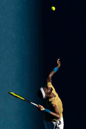 TENNIS AUSTRALIAN OPEN, Frances Tiafoe of the United States of America in action during his second Round Men s singles match against Novak Djokovic of Serbia on Day 3 of the Australian Open at Melbourne Park in Melbourne, Wednesday, February 10, 2021. ( NO ARCHIVING, EDITORIAL USE ONLY, NO USE IN BOOKS WITHOUT CONSENT MELBOURNE VIC AUSTRALIA  Copyright: xDAVExHUNTx 20210210001519559374