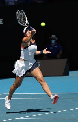 (210210) -- MELBOURNE, Feb. 10, 2021 -- Bianca Andreescu returns a shot during the women s singles second round match between Hsieh Su-Wei of Chinese Taipei and Bianca Andreescu of Canada at the Australian Open in Melbourne Park, Melbourne, Australia on Feb. 10, 2021. ) (SP)AUSTRALIA-MELBOURNE-TENNIS-AUSTRALIAN OPEN-DAY 3 BaixXuefei 