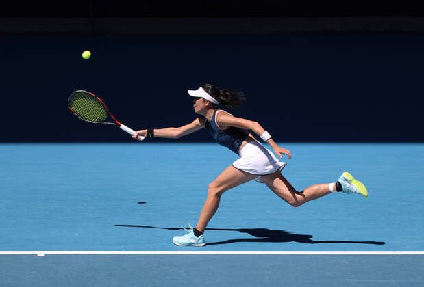 (210210) -- MELBOURNE, Feb. 10, 2021 -- Hsieh Su-Wei returns a shot during the women s singles second round match between Hsieh Su-Wei of Chinese Taipei and Bianca Andreescu of Canada at the Australian Open in Melbourne Park, Melbourne, Australia on Feb. 10, 2021. ) (SP)AUSTRALIA-MELBOURNE-TENNIS-AUSTRALIAN OPEN-DAY 3 BaixXuefei 