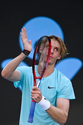 TENNIS AUSTRALIAN OPEN, Denis Shapovalov of Canada celebrates after winning his second Round Men s singles match against Bernard Tomic of Australia on Day 3 of the Australian Open at Melbourne Park in Melbourne, Wednesday, February 10, 2021. ( NO ARCHIVING, EDITORIAL USE ONLY, NO USE IN BOOKS WITHOUT CONSENT MELBOURNE VIC AUSTRALIA  Copyright: xDEANxLEWINSx 20210210001519563958