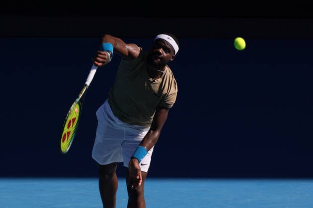 February 10, 2021: Frances TIAFOE of the USA in action against 1st seed Novak DJOKOVIC of Serbia in a 2nd round match on day 3 of the 2021 Australian Open on Rod Laver Arena, in Melbourne, Australia. Cal Media. Melbourne Australia - ZUMAc04_ 20210210_zaf_c04_023 Copyright: xSydneyxLowx