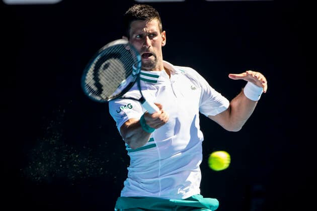 MELBOURNE, VIC - FEBRUARY 10: Novak Djokovic of Serbia returns the ball during round 2 of the 2021 Australian Open on February 10 2020, at Melbourne Park in Melbourne, Australia. (Photo by Jason Heidrich Icon Sportswire) TENNIS: FEB 10 Australian Open Icon2102100933
