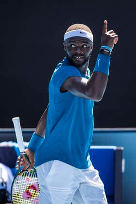 MELBOURNE, VIC - FEBRUARY 10: Frances Tiafoe of the United States of America celebrates after winning a game during round 2 of the 2021 Australian Open on February 10 2020, at Melbourne Park in Melbourne, Australia. (Photo by Jason Heidrich Icon Sportswire) TENNIS: FEB 10 Australian Open Icon2102101153