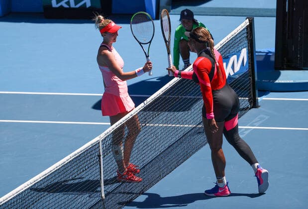 (210210) -- MELBOURNE, Feb. 10, 2021 -- Serena Williams (R) of the United States greets Nina Stojanovic of Serbia after the women s singles second round match between Nina Stojanovic of Serbia and Serena Williams of the United States at Australian Open in Melbourne Park, Melbourne, Australia, Feb. 10, 2021. ) (SP)AUSTRALIA-MELBOURNE-TENIS-AUSTRALIAN OPEN BaixXuefei 