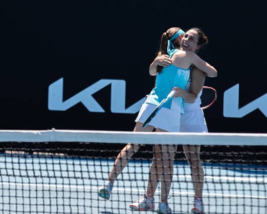 (210210) -- MELBOURNE, Feb. 10, 2021 -- Aleksandra Krunic (L) Martina Trevisan celebrate after the women s doubles first round match between China s Zheng Saisai Duan Yingying and Serbia s Aleksandra Krunic Italy s Martina Trevisan at the Australian Open in Melbourne Park, Melbourne, Australia on Feb. 10, 2021. (Photo by Xinhua) (SP)AUSTRALIA-MELBOURNE-TENIS-AUSTRALIAN OPEN-DAY 3 HuxJingchen 