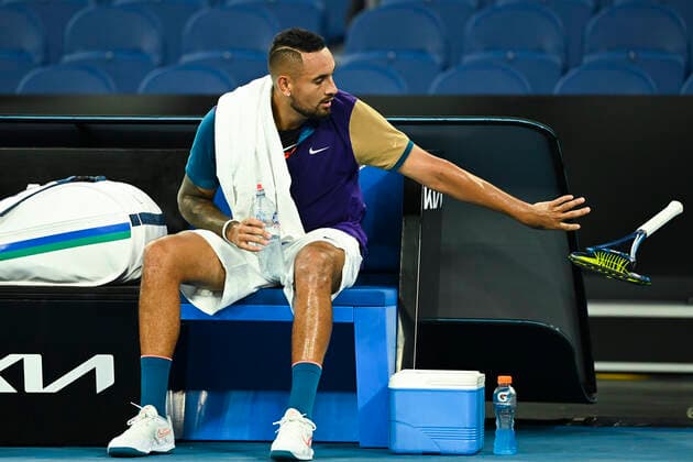 TENNIS AUSTRALIAN OPEN, Nick Kyrgios of Australia throws away a smashed racquet during his second Round Men s singles match against Ugo Humbert of France on Day 3 of the Australian Open at Melbourne Park in Melbourne, Wednesday, February 10, 2021. ( NO ARCHIVING, EDITORIAL USE ONLY, NO USE IN BOOKS WITHOUT CONSENT MELBOURNE VIC AUSTRALIA  Copyright: xDAVExHUNTx 20210210001519580427