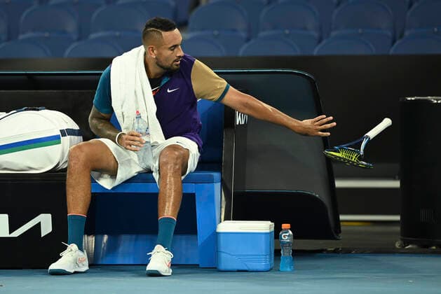 TENNIS AUSTRALIAN OPEN, Nick Kyrgios of Australia throws away a smashed racquet during his second Round Men s singles match against Ugo Humbert of France on Day 3 of the Australian Open at Melbourne Park in Melbourne, Wednesday, February 10, 2021. ( NO ARCHIVING, EDITORIAL USE ONLY, NO USE IN BOOKS WITHOUT CONSENT MELBOURNE VIC AUSTRALIA  Copyright: xDAVExHUNTx 20210210001519588245