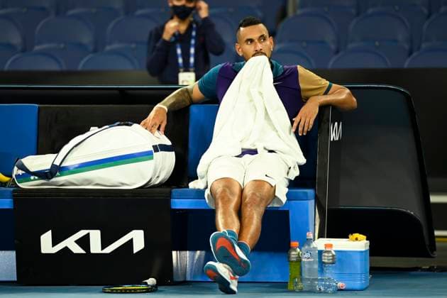 TENNIS AUSTRALIAN OPEN, Nick Kyrgios of Australia reacts during his second Round Men s singles match against Ugo Humbert of France on Day 3 of the Australian Open at Melbourne Park in Melbourne, Wednesday, February 10, 2021. ( NO ARCHIVING, EDITORIAL USE ONLY, NO USE IN BOOKS WITHOUT CONSENT MELBOURNE VIC AUSTRALIA  Copyright: xDAVExHUNTx 20210210001519588407