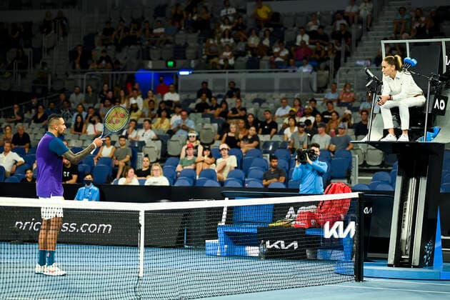 TENNIS AUSTRALIAN OPEN, Nick Kyrgios of Australia in discussion with the chair umpire during his second Round Men s singles match against Ugo Humbert of France on Day 3 of the Australian Open at Melbourne Park in Melbourne, Wednesday, February 10, 2021. ( NO ARCHIVING, EDITORIAL USE ONLY, NO USE IN BOOKS WITHOUT CONSENT MELBOURNE VIC AUSTRALIA  Copyright: xDAVExHUNTx 20210210001519588440