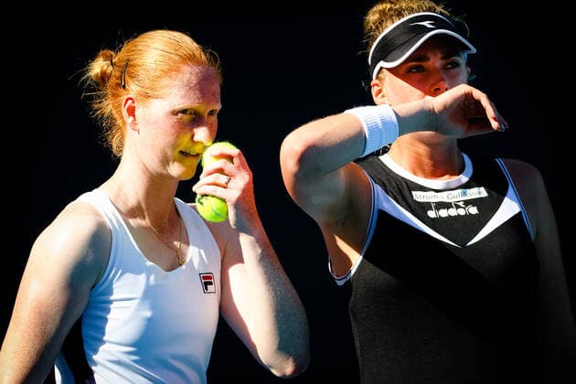 Belgian Alison Van Uytvanck and Swedish Cornelia Lister (R) pictured during a tennis match between the Belgian-Swedish pair Van Uytvank and Lister and the Belgian-Belarus pair Mertens and Sabalenka, in the first round of the women s doubles competition of the Australian Open tennis Grand Slam, Wednesday 10 February 2021 in Melbourne Park, Melbourne, Australia. Mertens-Sabalenka won in three sets. The 2021 edition of the Australian Grand Slam has been delayed by three week because of the ongoing pandemic. PATRICKxHAMILTON  x2641249x