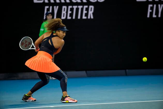 MELBOURNE, VIC - FEBRUARY 10: Naomi Osaka of Japan returns the ball during round 2 of the 2021 Australian Open on February 10 2020, at Melbourne Park in Melbourne, Australia. (Photo by Jason Heidrich Icon Sportswire) TENNIS: FEB 10 Australian Open Icon2102101563
