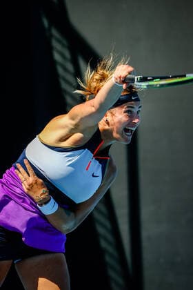 Belarussian Aryna Sabalenka pictured during a tennis match between the Belgian-Swedish pair Van Uytvank and Lister and the Belgian-Belarus pair Mertens and Sabalenka, in the first round of the women s doubles competition of the Australian Open tennis Grand Slam, Wednesday 10 February 2021 in Melbourne Park, Melbourne, Australia. The 2021 edition of the Australian Grand Slam has been delayed by three week because of the ongoing pandemic. PATRICKxHAMILTON  x2641274x