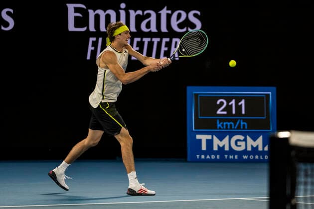MELBOURNE, VIC - FEBRUARY 10: Alexander Zverev of Germany returns the ball during round 2 of the 2021 Australian Open on February 10 2020, at Melbourne Park in Melbourne, Australia. (Photo by Jason Heidrich Icon Sportswire) TENNIS: FEB 10 Australian Open Icon2102101933