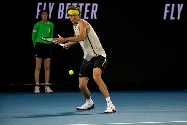 MELBOURNE, VIC - FEBRUARY 10: Alexander Zverev of Germany returns the ball during round 2 of the 2021 Australian Open on February 10 2020, at Melbourne Park in Melbourne, Australia. (Photo by Jason Heidrich Icon Sportswire) TENNIS: FEB 10 Australian Open Icon2102101943