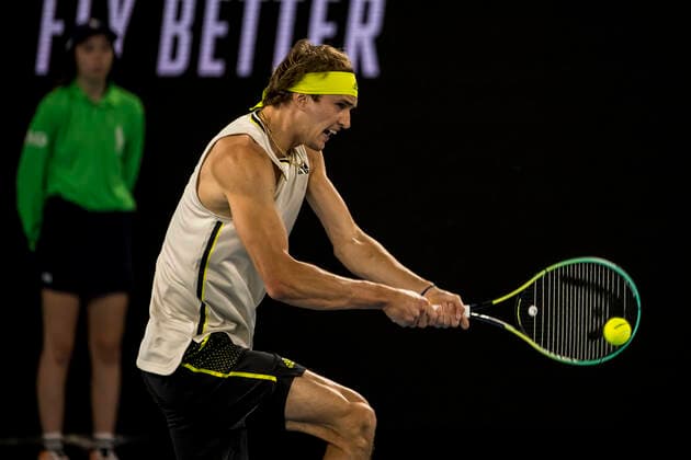 MELBOURNE, VIC - FEBRUARY 10: Alexander Zverev of Germany returns the ball during round 2 of the 2021 Australian Open on February 10 2020, at Melbourne Park in Melbourne, Australia. (Photo by Jason Heidrich Icon Sportswire) TENNIS: FEB 10 Australian Open Icon2102101953