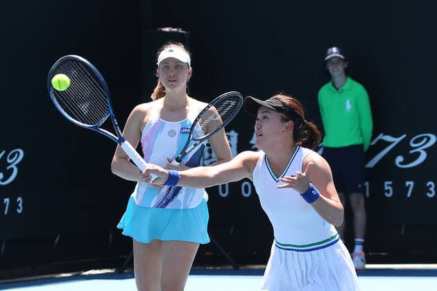 Mona Barthel, GER, and Zhu Lin, CHN, during first doubles round of 2021 Australian Open in Melbourne, 10 02 2021