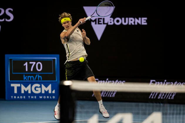 MELBOURNE, VIC - FEBRUARY 10: Alexander Zverev of Germany returns the ball during round 2 of the 2021 Australian Open on February 10 2020, at Melbourne Park in Melbourne, Australia. (Photo by Jason Heidrich Icon Sportswire) TENNIS: FEB 10 Australian Open Icon2102101963