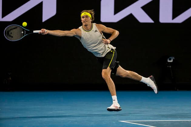 MELBOURNE, VIC - FEBRUARY 10: Alexander Zverev of Germany returns the ball during round 2 of the 2021 Australian Open on February 10 2020, at Melbourne Park in Melbourne, Australia. (Photo by Jason Heidrich Icon Sportswire) TENNIS: FEB 10 Australian Open Icon2102101973