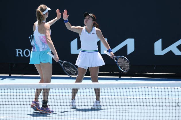 Mona Barthel, GER, and Zhu Lin, CHN, during first doubles round of 2021 Australian Open in Melbourne, 10 02 2021