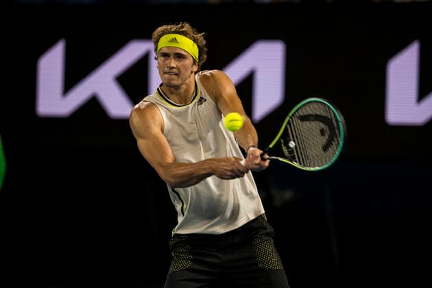 MELBOURNE, VIC - FEBRUARY 10: Alexander Zverev of Germany returns the ball during round 2 of the 2021 Australian Open on February 10 2020, at Melbourne Park in Melbourne, Australia. (Photo by Jason Heidrich Icon Sportswire) TENNIS: FEB 10 Australian Open Icon2102102003
