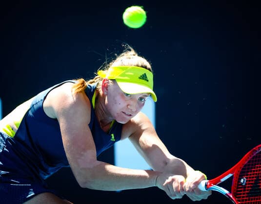Kazakh Elena Rybakina pictured in action at a tennis match between French Ferro and Kazakhstan Rybakina, in the secound round of the women s singles competition of the Australian Open tennis Grand Slam, Wednesday 10 February 2021 in Melbourne Park, Melbourne, Australia. The 2021 edition of the Australian Grand Slam has been delayed by three week because of the ongoing pandemic. PATRICKxHAMILTON  x2641340x