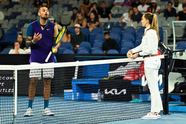 TENNIS AUSTRALIAN OPEN, Nick Kyrgios of Australia speak to the chair umpire during his second Round Men s singles match against Ugo Humbert of France on Day 3 of the Australian Open at Melbourne Park in Melbourne, Wednesday, February 10, 2021. ( NO ARCHIVING, EDITORIAL USE ONLY, NO USE IN BOOKS WITHOUT CONSENT MELBOURNE VIC AUSTRALIA  Copyright: xDAVExHUNTx 20210210001519601124