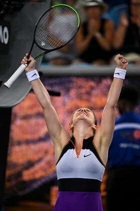 TENNIS AUSTRALIAN OPEN, Simona Halep of Romania celebrates after winning her second Round Women s singles match against Ajla Tomljanovic of Australia on Day 3 of the Australian Open at Melbourne Park in Melbourne, Wednesday, February 10, 2021. ( NO ARCHIVING, EDITORIAL USE ONLY, NO USE IN BOOKS WITHOUT CONSENT MELBOURNE VIC AUSTRALIA  Copyright: xDEANxLEWINSx 20210210001519603581