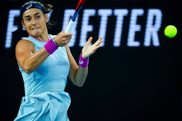 French Caroline Garcia pictured in action during a tennis match between French Garcia and Japanese Osaka, in the secound round of the women s singles competition of the Australian Open tennis Grand Slam, Wednesday 10 February 2021 in Melbourne Park, Melbourne, Australia. The 2021 edition of the Australian Grand Slam has been delayed by three week because of the ongoing pandemic. PATRICKxHAMILTON  x2641390x